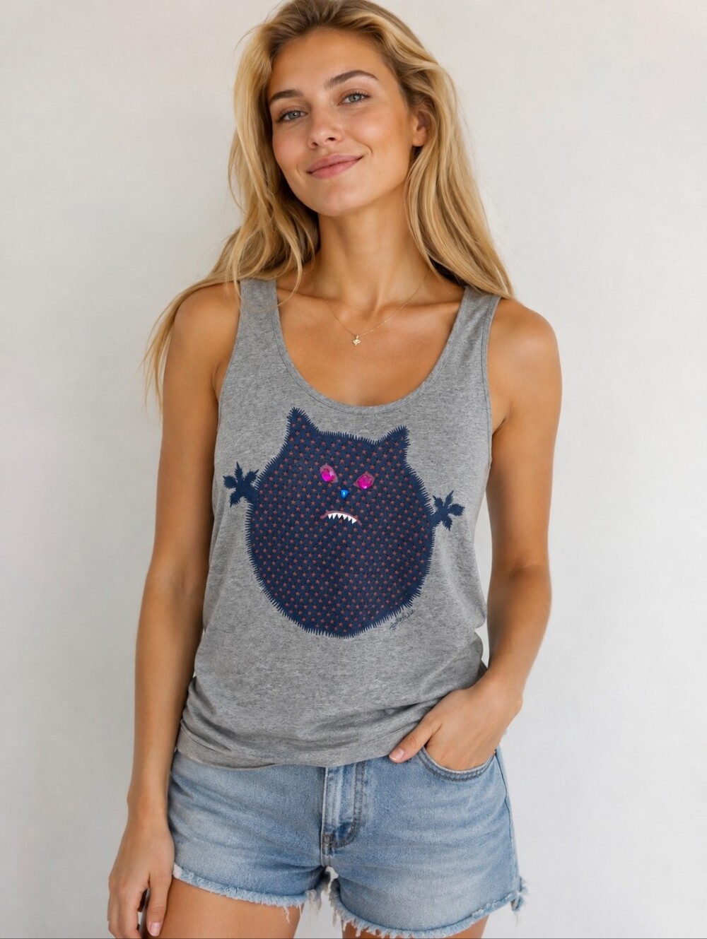 See By Chloé Grey Tank Top Blue Graphic Monster Cat Pink Rhinestone Eyes